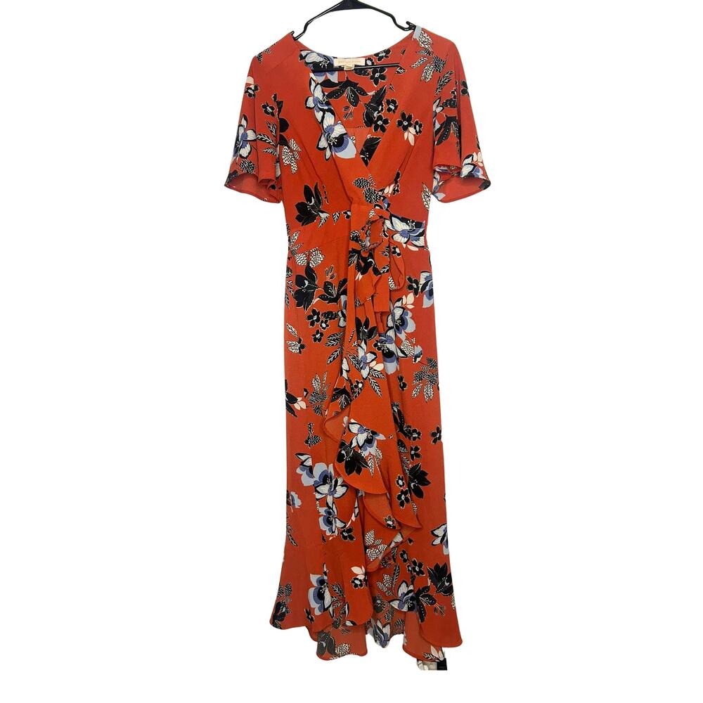 Monteau Los Angeles L Rust Orange Floral Faux Wrap Dress Cottagecore Midi Maxi